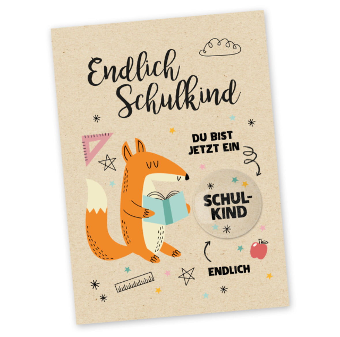 Postkarte mit Button zur Einschulung | Papierdrachen