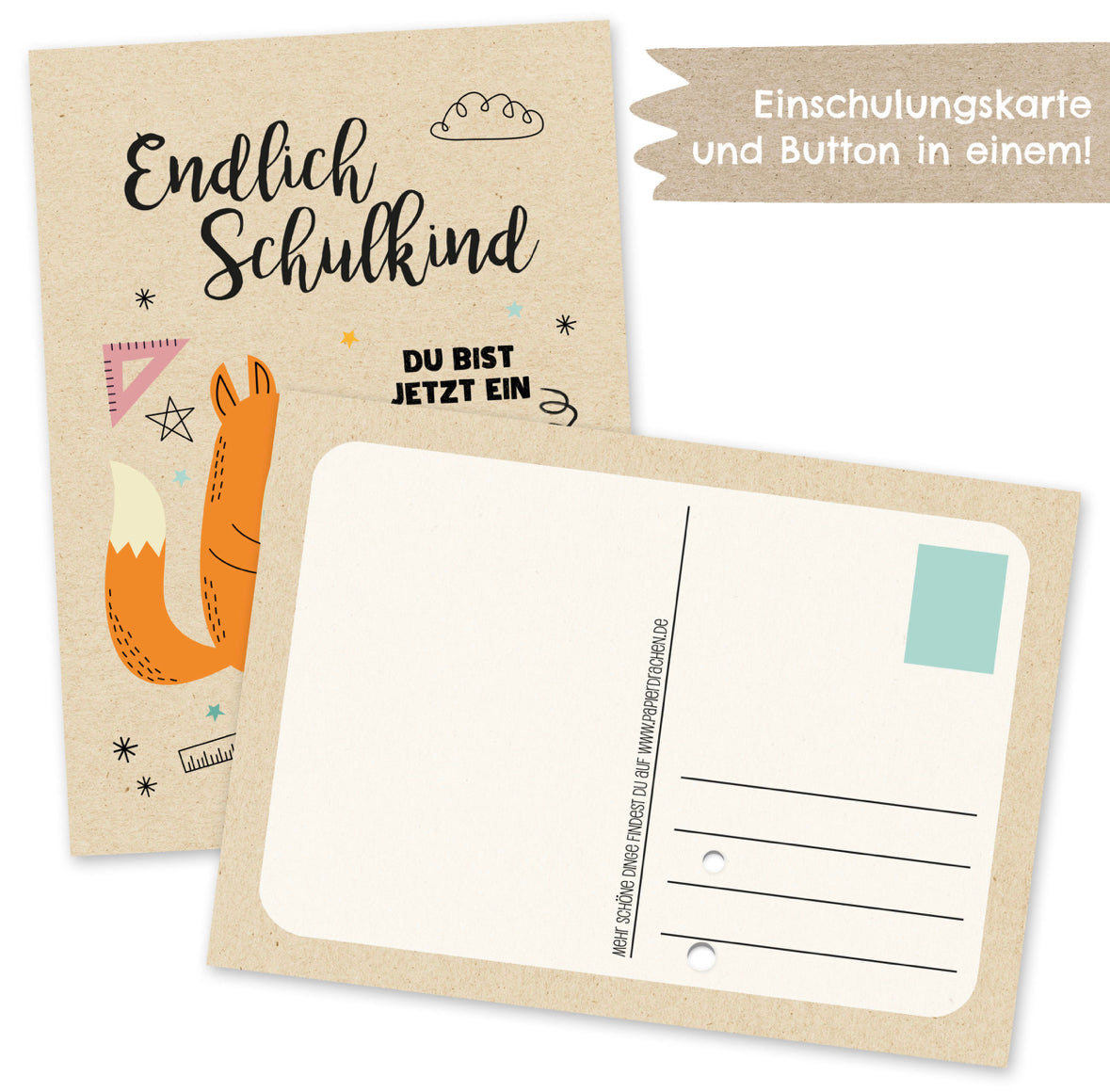 Postkarte mit Button zur Einschulung | Papierdrachen