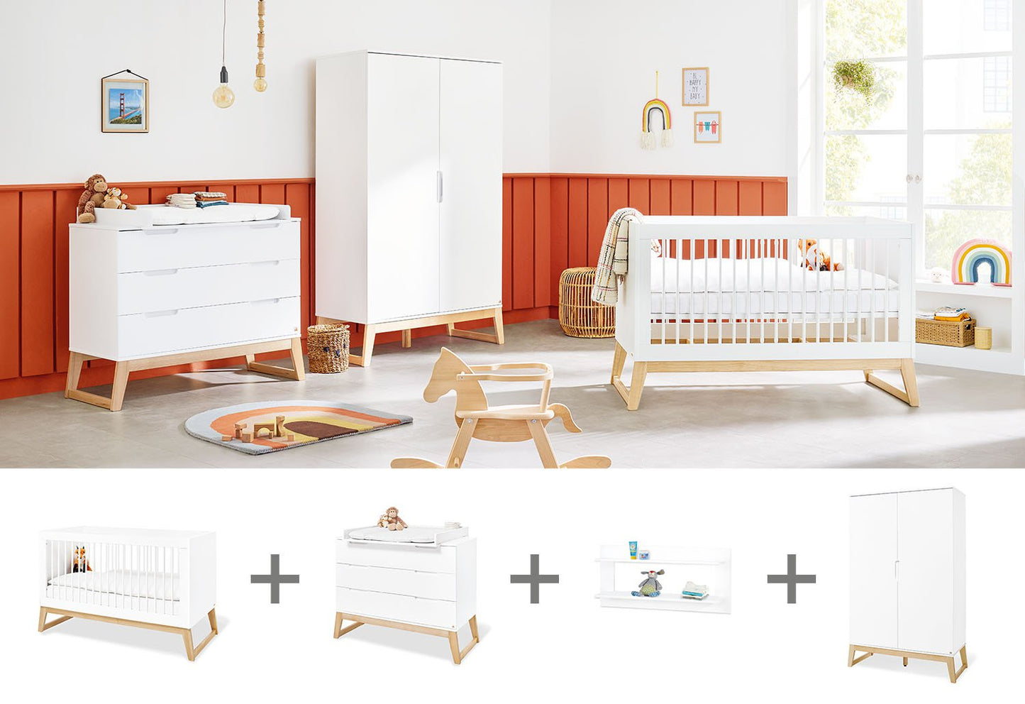 Nursery 'Bridge' wide, incl. wall shelf
4 parts: cot bed, wide changing unit, 2-door wardrobe, wall shelf