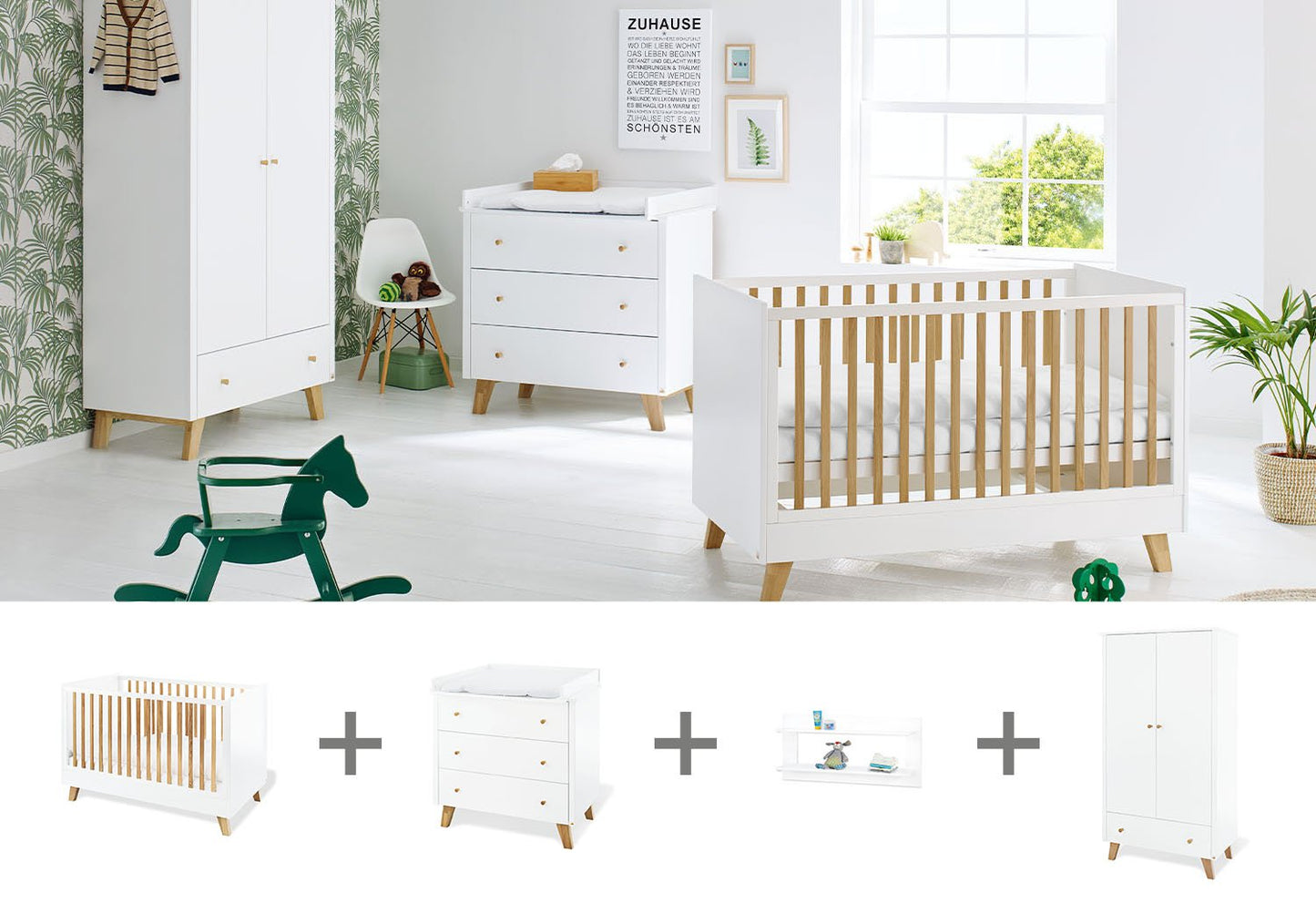 Nursery 'Pan' wide, incl. wall shelf
4 parts: cot bed, wide changing unit, 2-door wardrobe, wall shelf