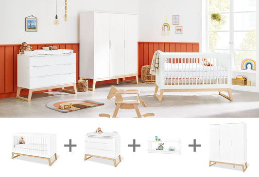 Nursery 'Bridge' wide large, incl. wall shelf
4 parts: cot bed, wide changing unit, large wardrobe, wall shelf